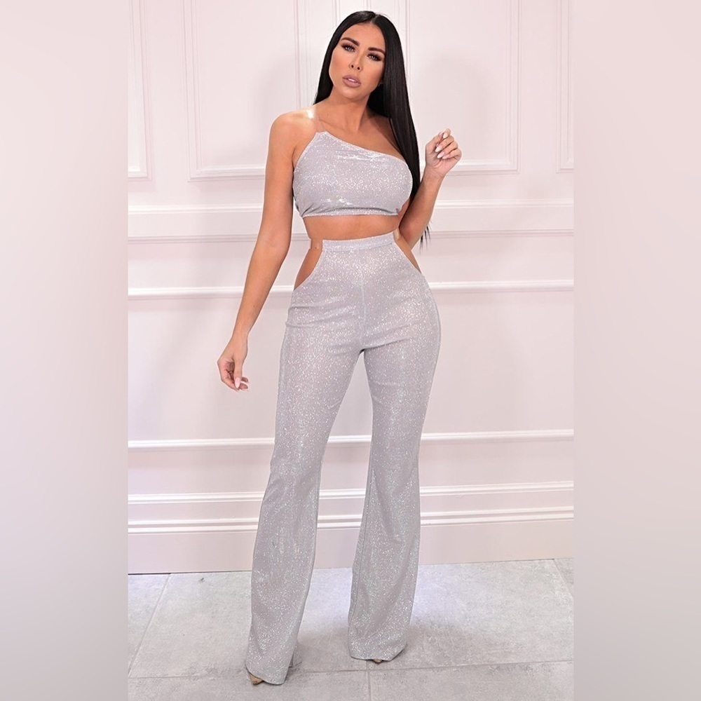 Silver Glitter Cut Out Clear Strap Wide Leg Trousers